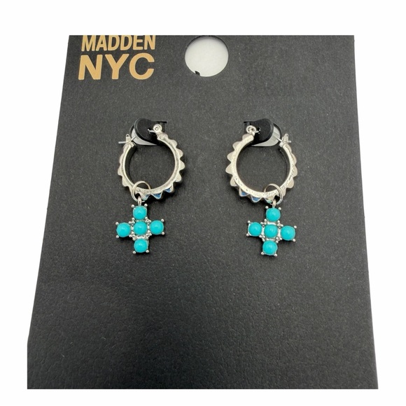 Silver Huggie Hoop Earrings Blue Cross Charm Dangle - Picture 3 of 10